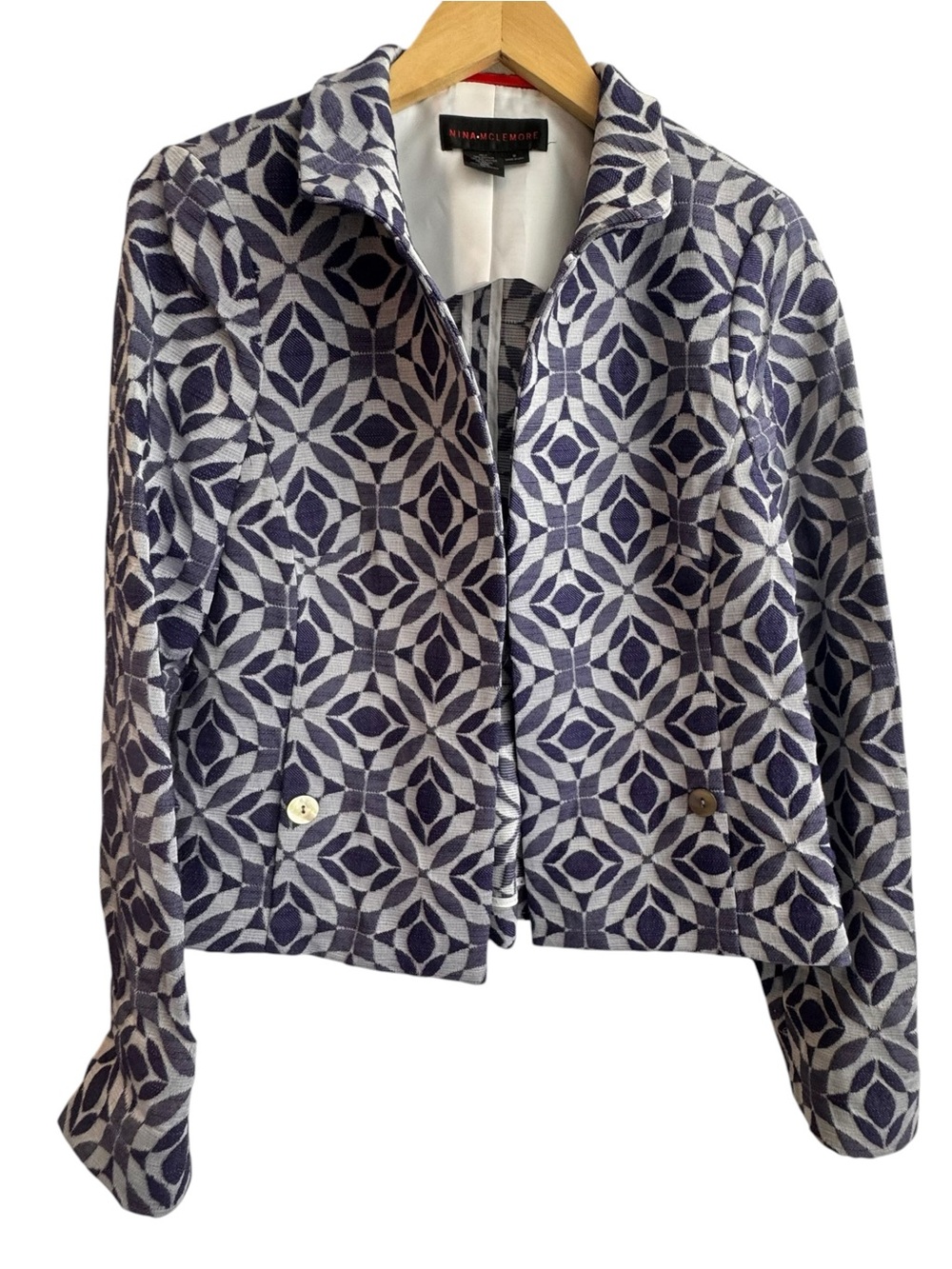 Nina McLemore Blazer Size 6 Blue Contrast Print Geometric Button Jacket
